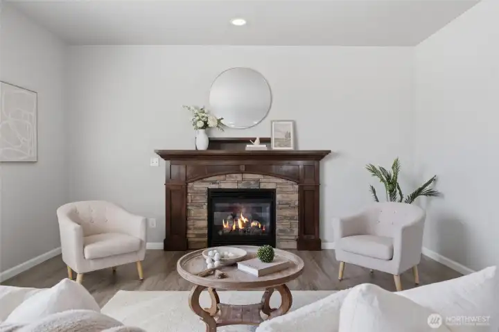 Great room and fireplace.
