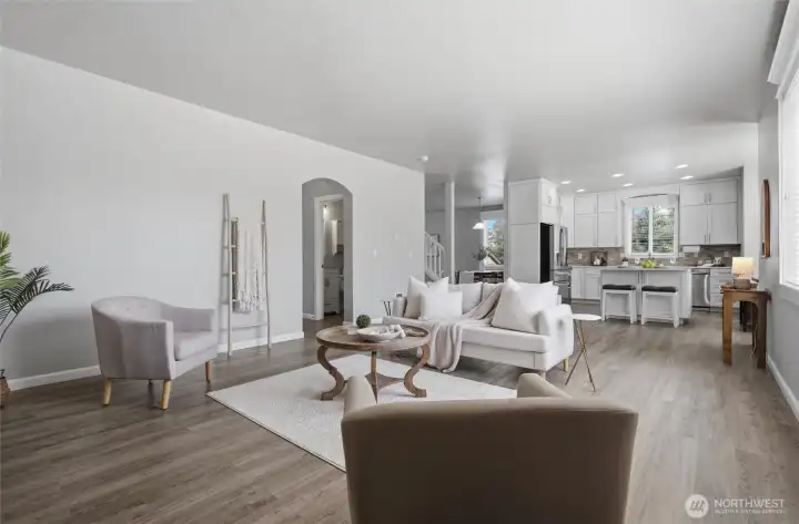 Great room and kitchen with eating space.