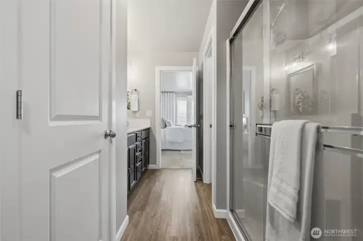 A view of the primary bathroom from the big closet.