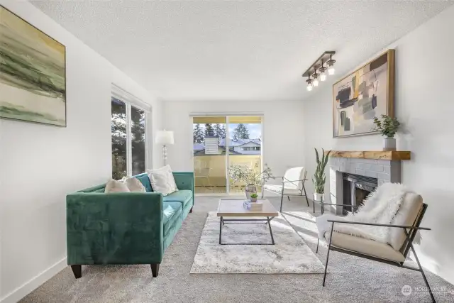 Bright living room with custom mantle