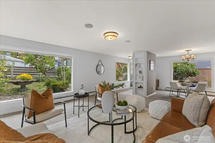 Gather with friends in this light-filled cheery room that leads to the cozy dining area.
