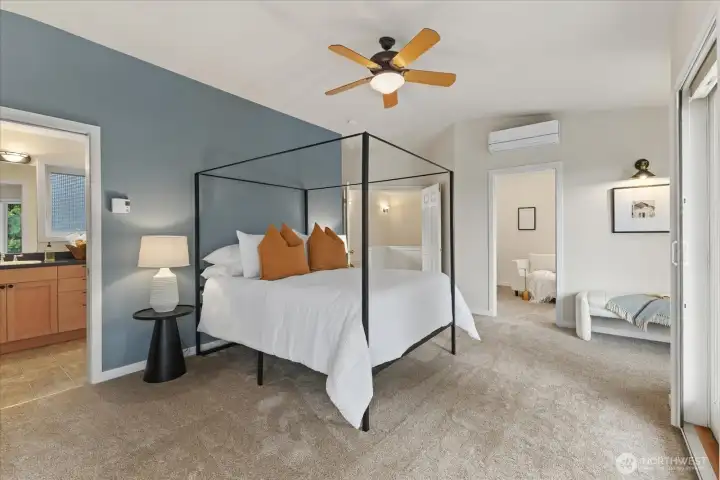 Generous in space, the primary suite offers 2 walk-in closets, a flex room and sitting/office space. A beautiful full size bath with double sinks, and a separate Shower and WC area finishes out the space.