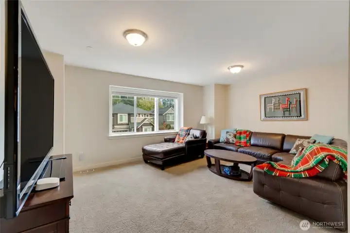 Generous upstairs bonus room perfect for a media space, game room, or cozy hangout. The large window fills the space with light, creating a comfortable retreat for movie nights or casual gatherings.