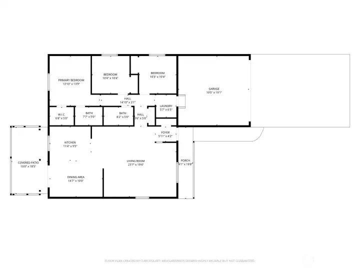 Floor plan of the home shows the concrete areas on the exterior as well as measurements so you can see where your furniture will fit inside. The primary bedroom has a good sized WIC (Walk In Closet).