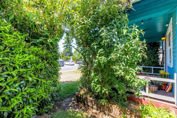 The side yard off the front porch is private and feels almost like a "secret garden" with how the shrubs conceal this area yet sunshine flows through