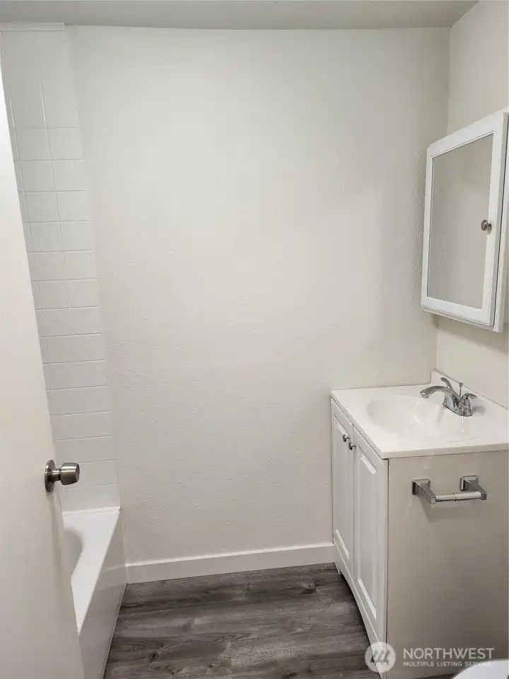Main bath with new tub, vanity floorig