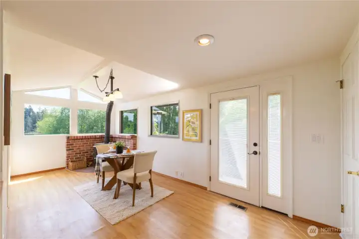 Dining area with wood stove