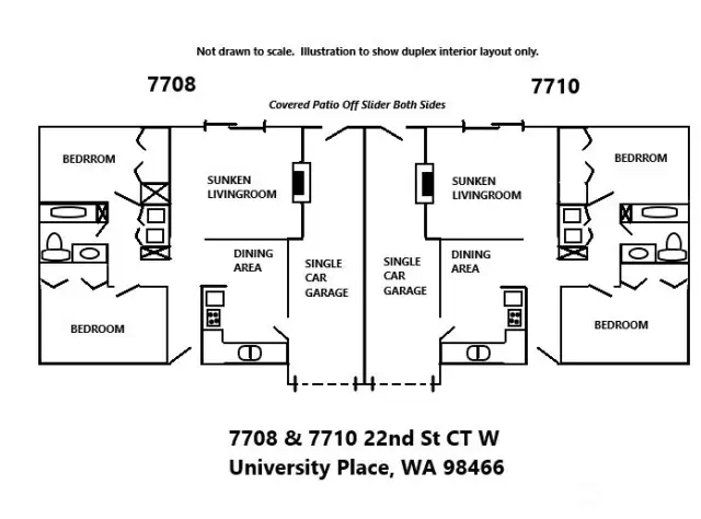 Duplex in the heart of University Place. 966 sqft, 2 bed, 1 bath, fireplace, sunken living, covered patio, W/D hookup, 1 car  garage, fenced backyard, and extra parking on each side. Quiet deadend street with easy access to JBLM, Tacoma, I-5,  Hwy 16, the Sounder Train, golf course, Puget Sound beaches, Tacoma Community College, and lots of shopping and  services. University Place schools are among the best in the county and state. Zillow's Rent Zestimate reveals potential cap  rate of nearly 7%. Great rental history with long term tenants and low insurance premiums. Landlord pays sewer and  tenants cover yard maintenance, water, electricity, and garbage.