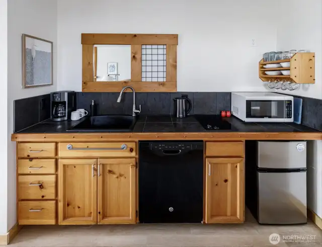 Mini Fridge, Dishwasher, Electric Stovetop + Counter Microwave Included