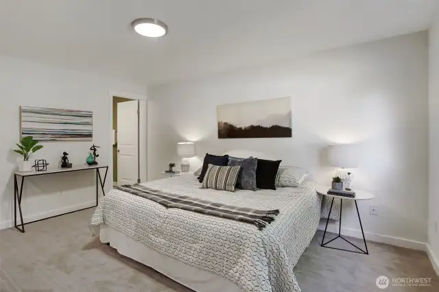 The Primary Bedroom is so spacious! King size bed is shown, with room on all sides.   Brand new carpet is a beautiful beige with a deluxe feel underfoot...bring your own color touches to this fresh canvas!