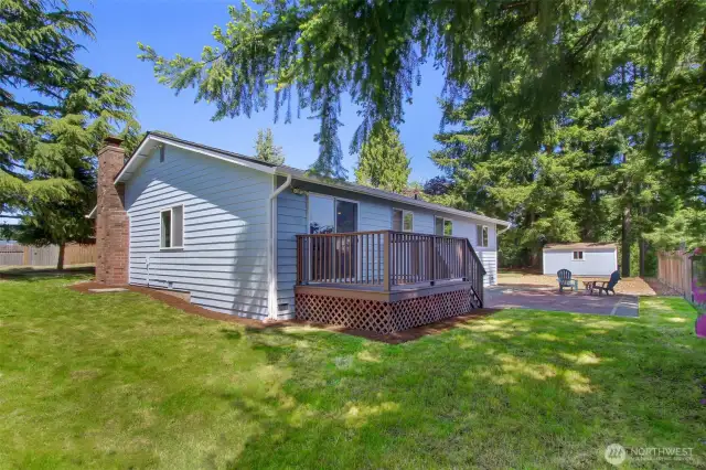 The house faces north. This is the back deck and patio, with a hint of the western lawn. I can hardly call them "side yards", when they are so expansive! For gardening, this SW area could meet your garden's needs for year around sunshine. Raised beds? Raspberry area? Roses?