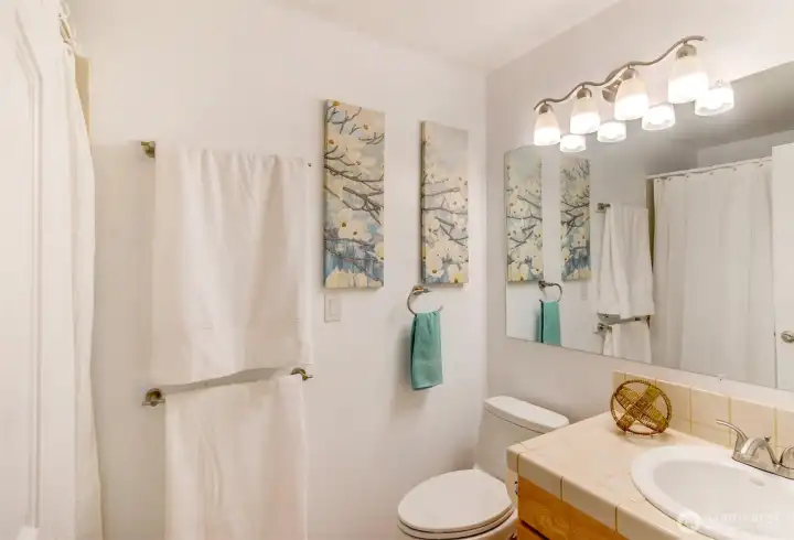 Full bath in hall with new faucet and light fixture.