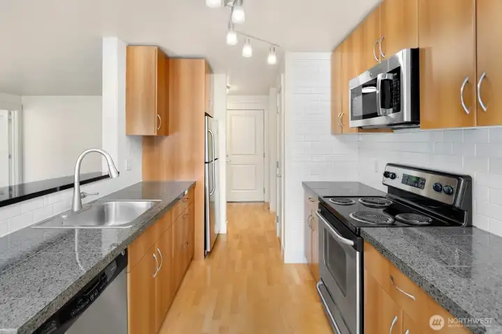 Well-designed galley kitchen with ample counter space and efficient workflow