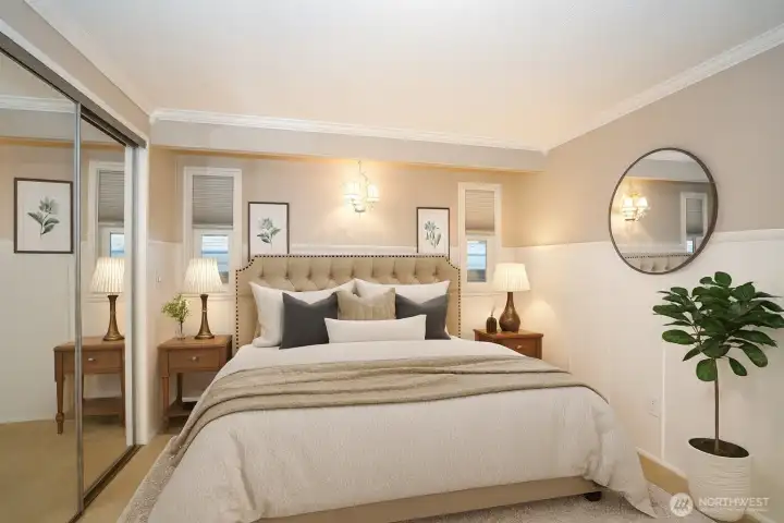 Primary suite, virtually staged to inspire.