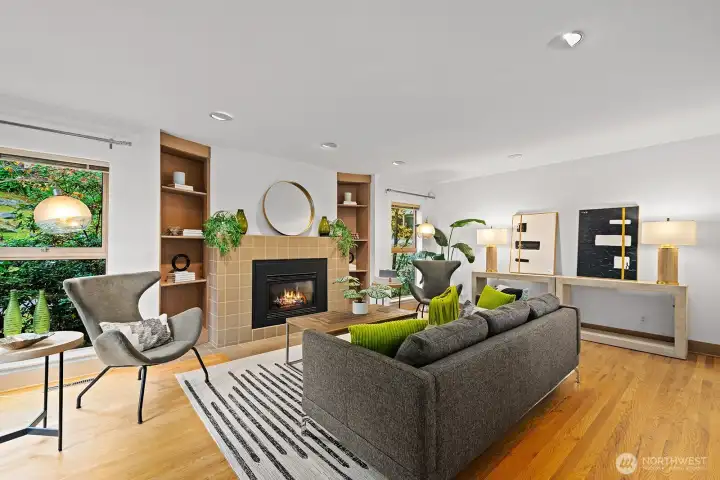 Spacious living room with a gas fireplace.