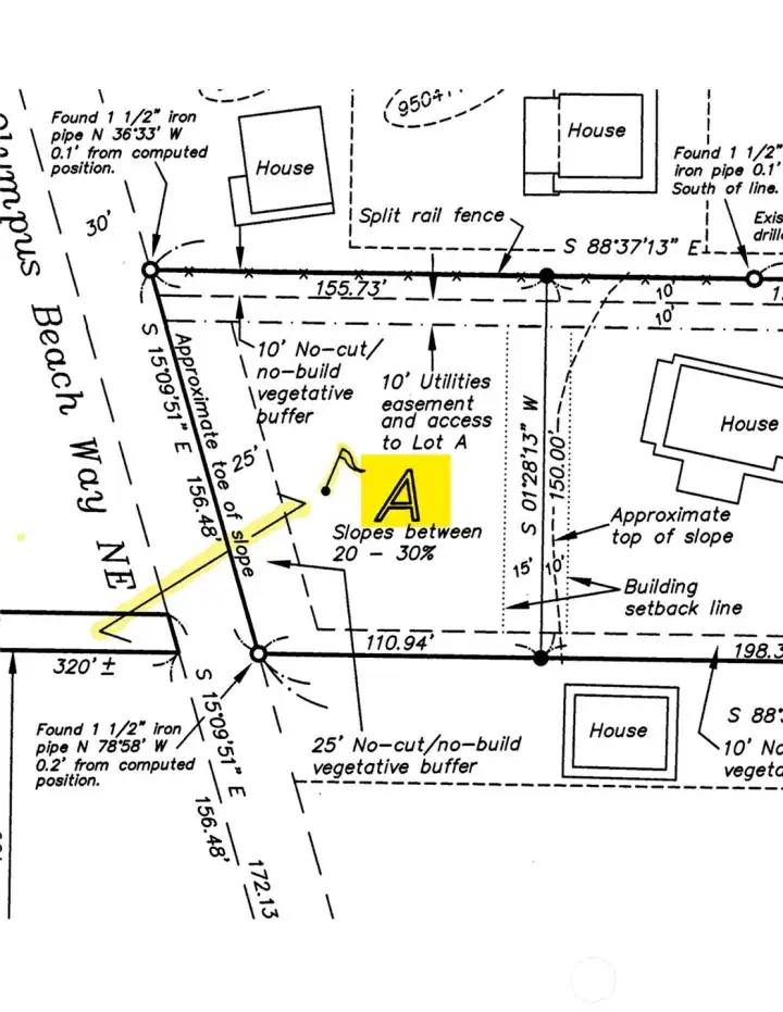A close up map of Lot A showing a 10' no-build vegetative buffer along the northern boundary and a 10' utility easement from the lot above to Lot A.  (This is the logical area for the water line to gravity feed to this property from the Group B Water System above.)