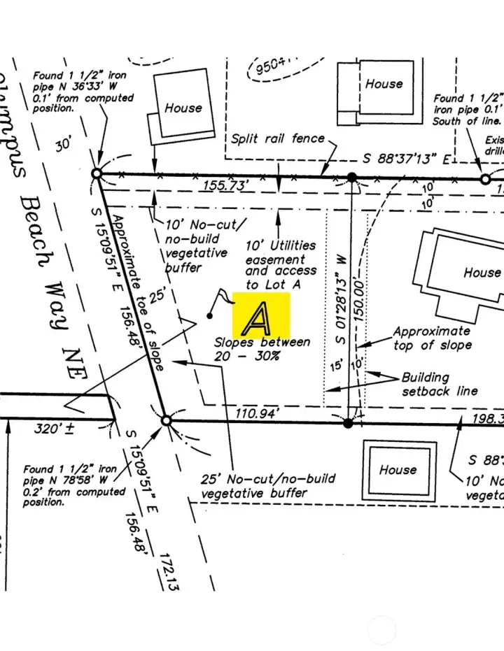A close up map of Lot A showing a 10' no-build vegetative buffer along the northern boundary and a 10' utility easement from the lot above to Lot A.  (This is the logical area for the water line to gravity feed to this property from the Group B Water System above.)
