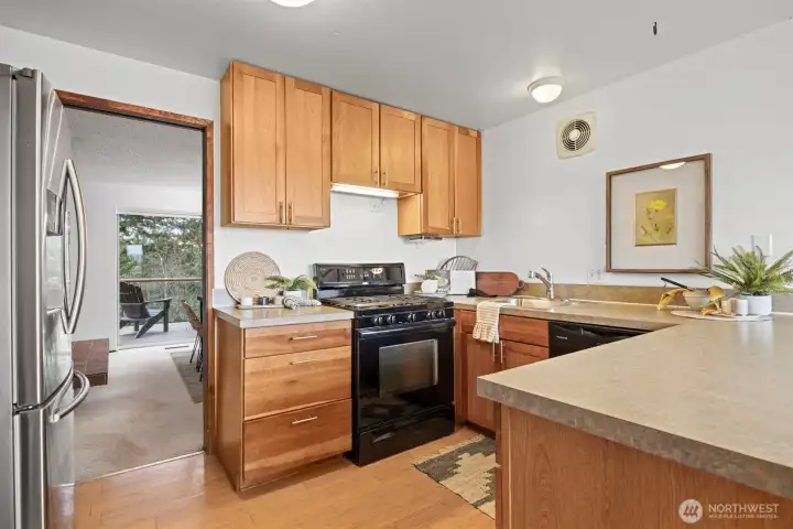 Looking across the kitchen toward the formal dining room and the expansive deck beyond.