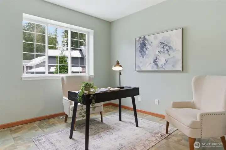 Main floor den for work with a mountain view