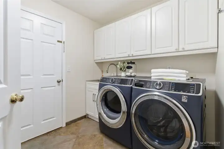 Newer washer and dryer in utility room.