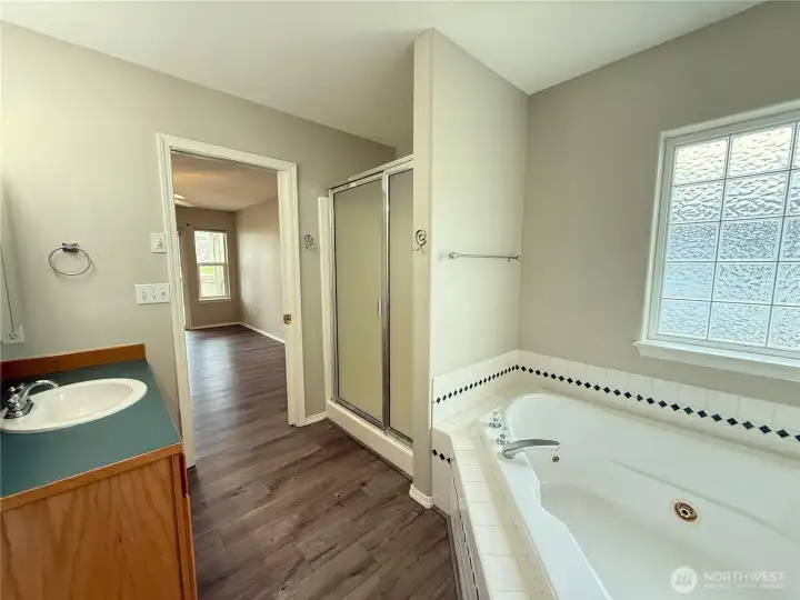 Primary bath with large jetted soaking tub