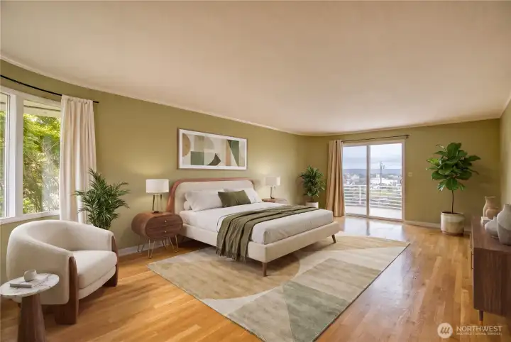 Primary bedroom with door to rooftop deck, virtually staged Primary bedroom with door to rooftop deck, virtually staged