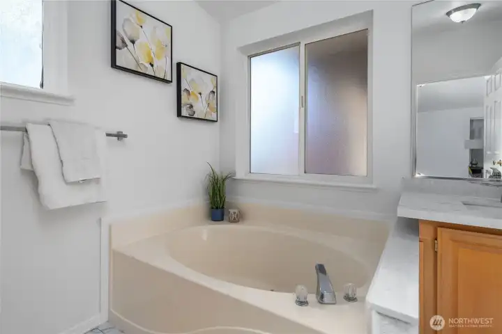 Large soaking tub and separate walk in shower.