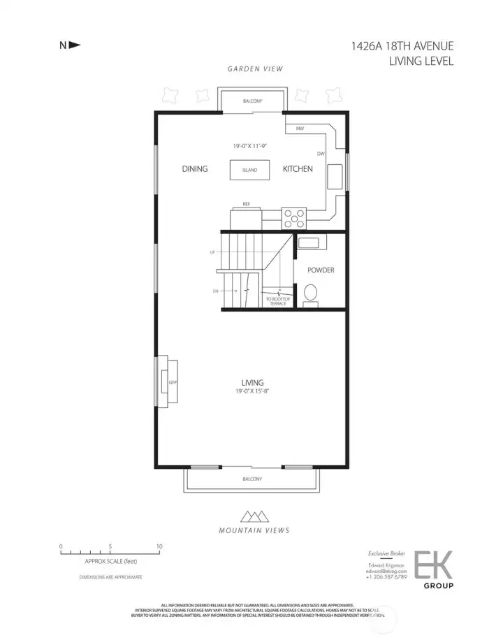 Living level floorplan with kitchen, dining, living, powder room and two balconies.