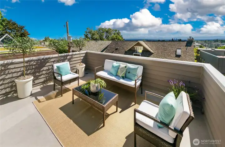 Private rooftop terrace arranged for outdoor living and dining.