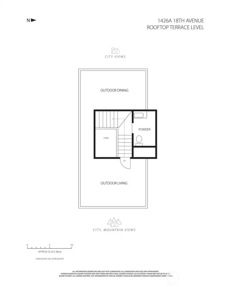 Rooftop level floorplan shows the private terrace, with distinct areas for outdoor lounging, dining and view enjoyment