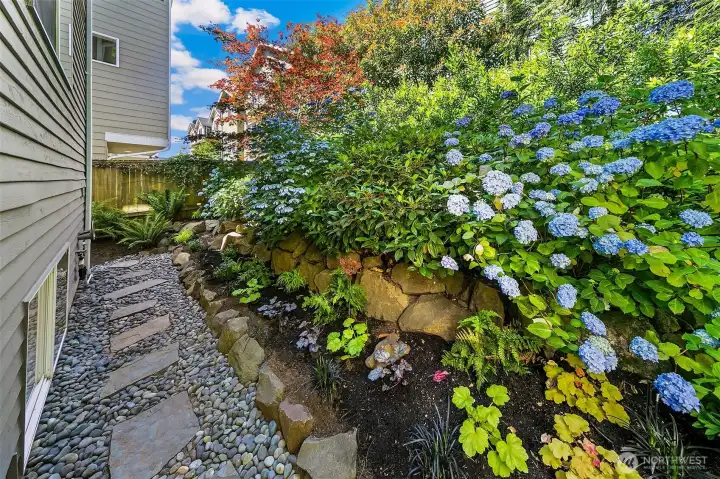 Garden planting is supported by irrigation, helping keep the setting lush and low-maintenance.