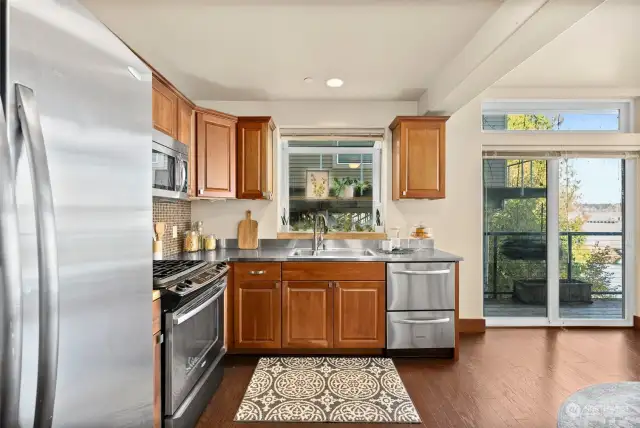 Stainless steel appliances, even a split dishwasher.