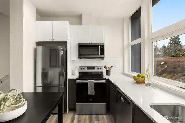 Stainless steel appliances and quartz countertops