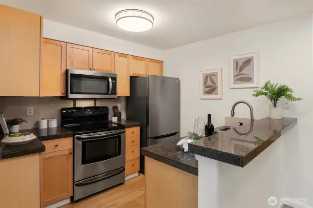 Granite counters, new fridge, dishwasher, and microwave
