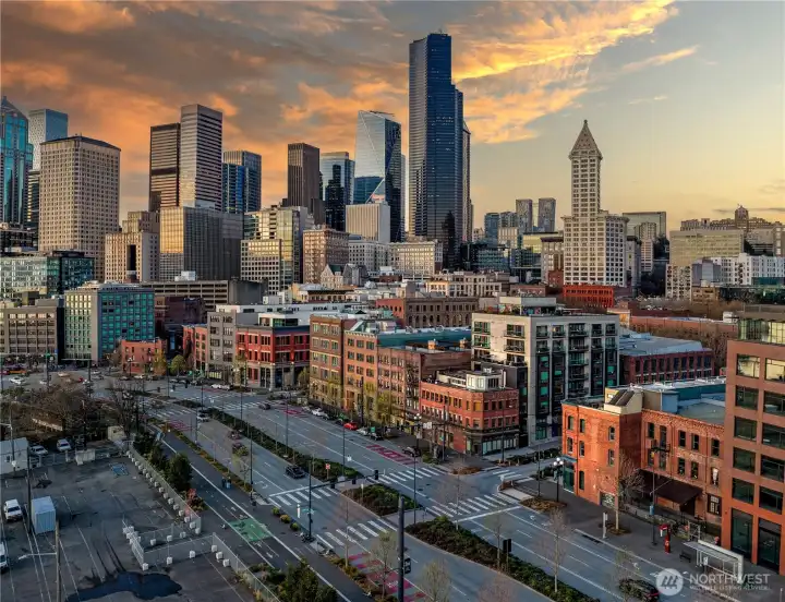 Our Home Condominiums holding a corner at 1st Ave S and Main, where Pioneer Square meets the waterfront