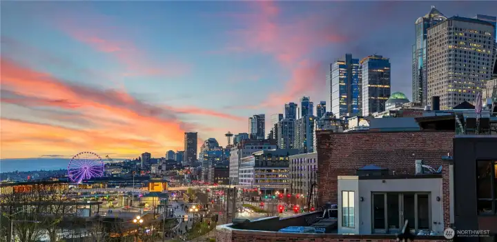 View Rooftop Terrace catching the last light over Elliott Bay
