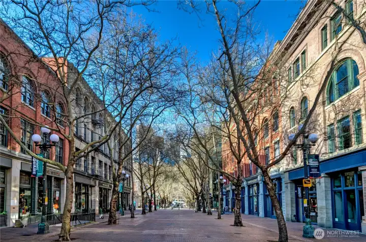 Occidental Park, ~2 blocks away, a daily mix of markets, art, and neighborhood life
