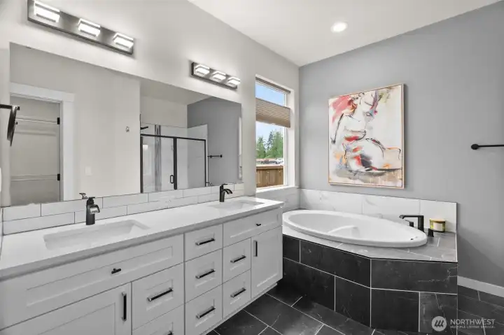 Soaking tub and double vanity