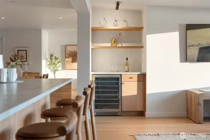 Built-in bar space with beverage cooler.