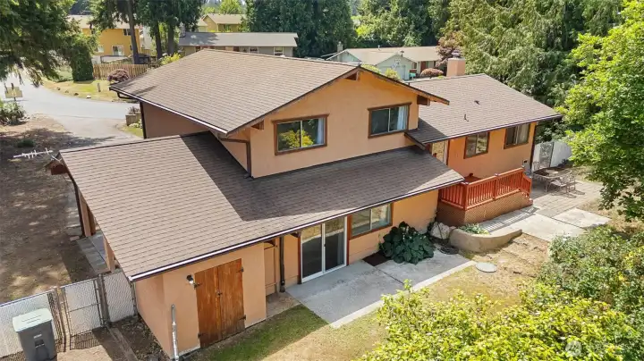 Aerial of Back - garden area, shed with chicken coop and fenced garden/dog run.