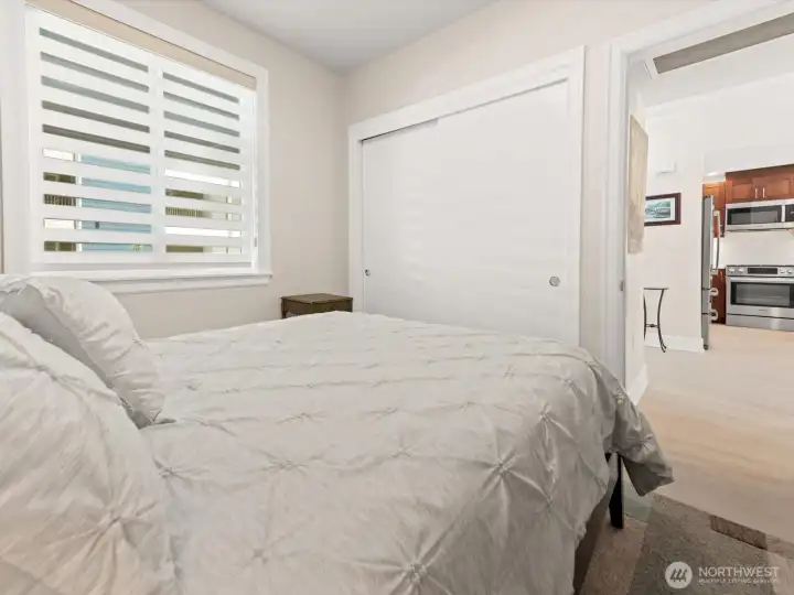 Closet has lots of varied shelving creating more space for your things. Closet has lots of varied shelving creating more space for your things.