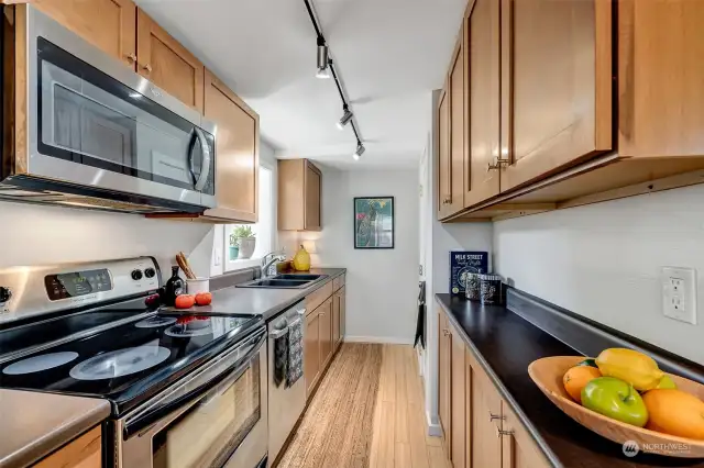 The galley-style kitchen with stainless steel appliances and plenty of cabinet space. There is also a pantry on the right.