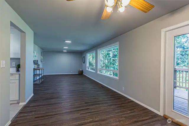 Living room looking out to the private backyard