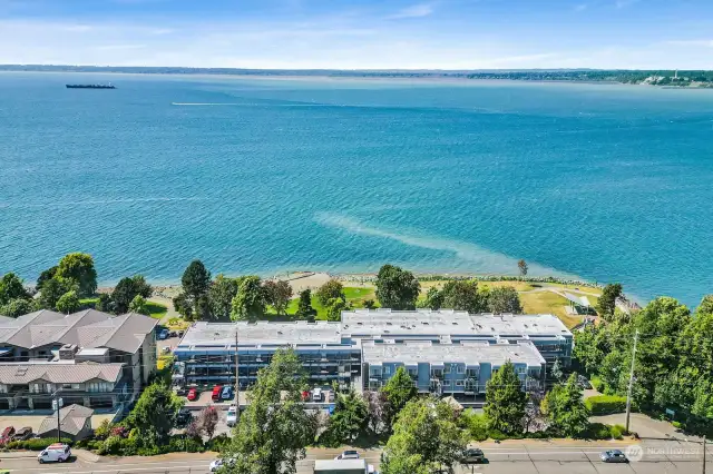 Aerial view of complex with Bellingham Bay.