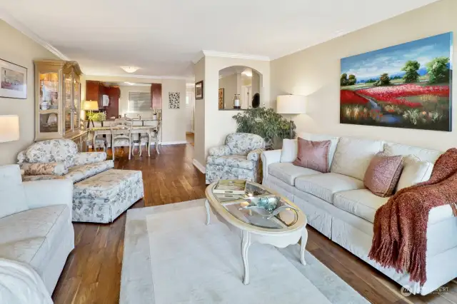 Open floor plan living area looking to kitchen.