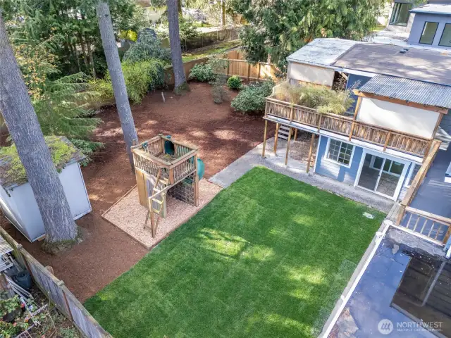 Aerial view of home and backyard