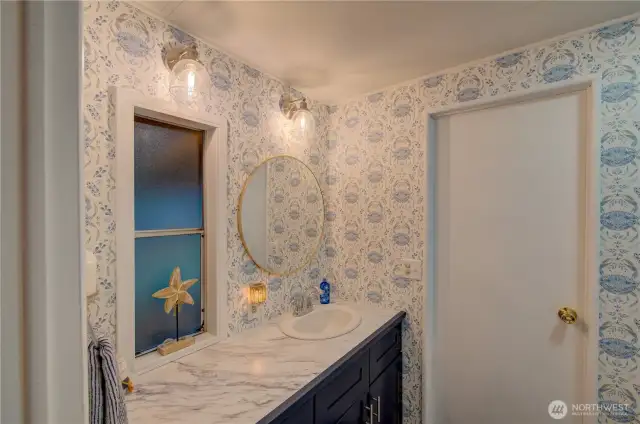 main bathroom with 2 entry doors