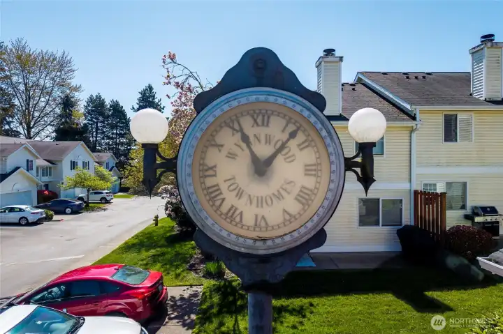A classic town clock, now frozen in time, warmly welcomes you to the clubhouse and nearby guest parking. A classic town clock, now frozen in time, warmly welcomes you to the clubhouse and nearby guest parking.