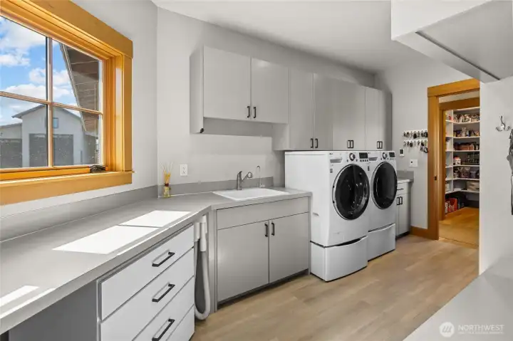 Spacious mud and laundry room conveniently located off the garage, offering functional storage and everyday ease.