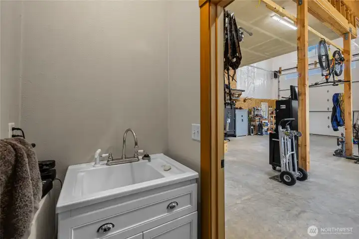 Utility sink in the shop for added convenience.